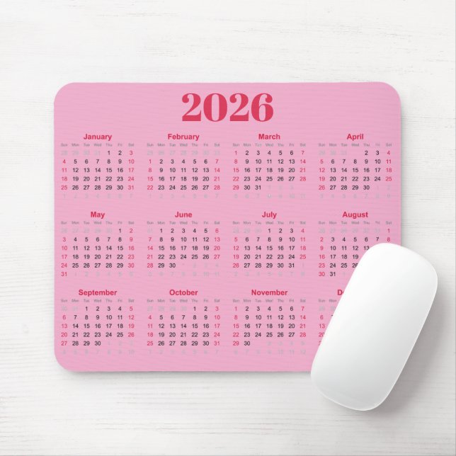 Simple red and pink 2026 Calendar  Mouse Mat (With Mouse)