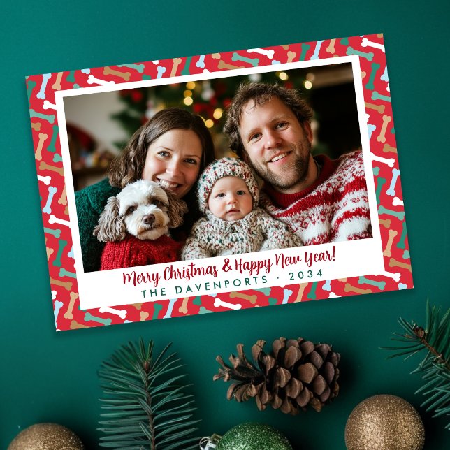 Simple Red and Teal Dog Bones Pattern Family Photo Holiday Card (Simple red & teal dog bone pattern Christmas family photo card)