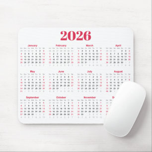 Simple red and White 2026 Calendar Mouse Mat