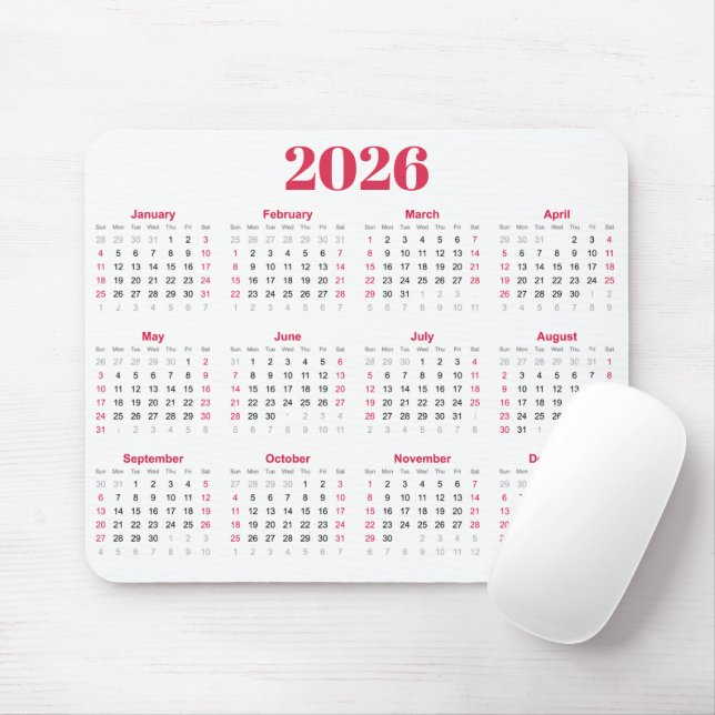 Simple red and White 2026 Calendar  Mouse Mat (With Mouse)