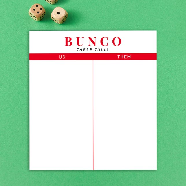 Simple Red and White Bunco Table Tally Notepad (modern tear-off notepad Bunco score card with red graphic accents)