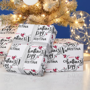 Simple Red and White Happy Valentines Day Name Wrapping Paper