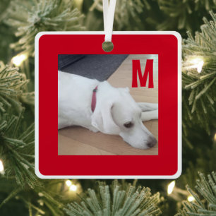 Simple Red and White Photo of Dog Custom Initial Metal Tree Decoration