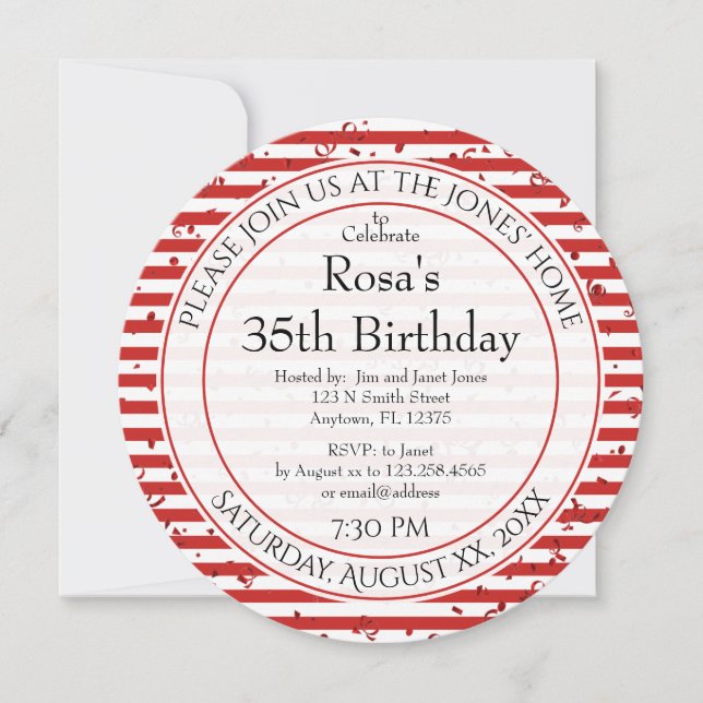 Simple Red and White Stripes - Round Party Invitation (Front)