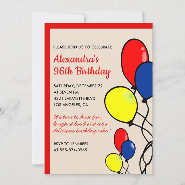 Simple Red Balloons 96th birthday invitations  (Front)