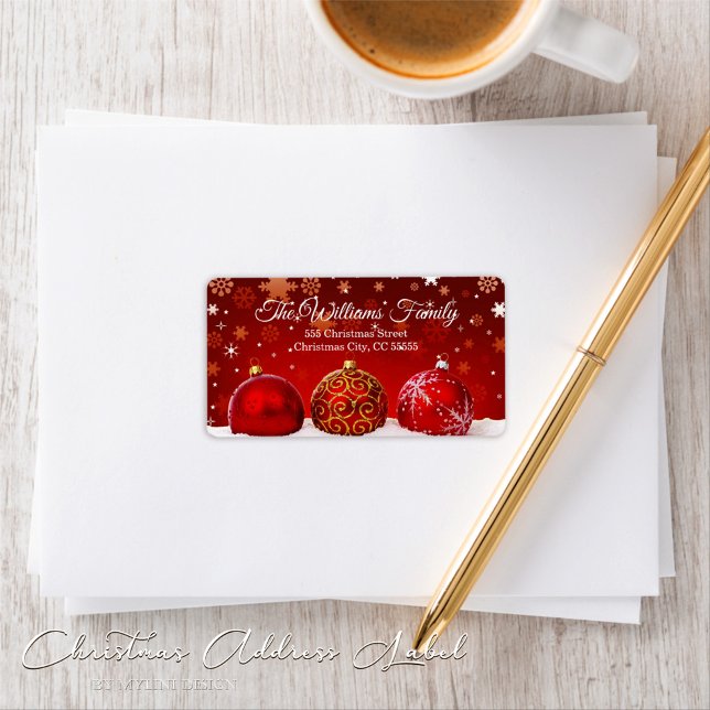 Simple Red Baubles Snowy Christmas Address Label (Creator Uploaded)