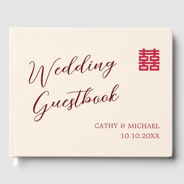 Simple red beige modern Chinese wedding Guest Book (Front)