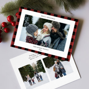 Simple Red Black Plaid Border 3 Photos Christmas Holiday Card