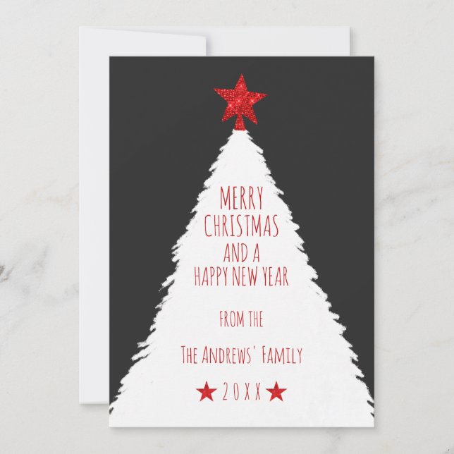 Simple Red Black White Glitter Star Tree Christmas Holiday Card (Front)