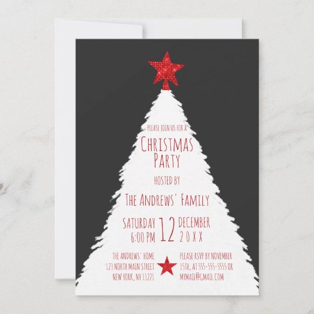 Simple Red Black White Glitter Star Tree Christmas Invitation (Front)