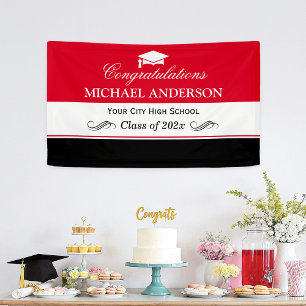 Simple Red Black White Graduation Party Banner
