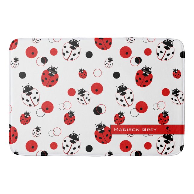 Simple Red, Black & White Ladybug Pattern Bath Mat (Front)