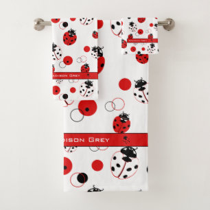 Simple Red, Black & White Ladybug Pattern Bath Towel Set
