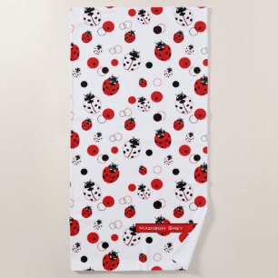 Simple Red, Black & White Ladybug Pattern Beach Towel
