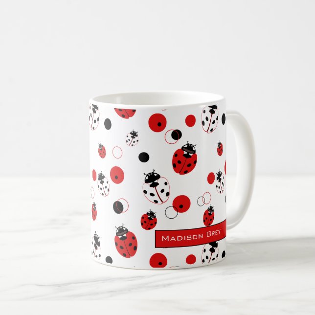 Simple Red, Black & White Ladybug Pattern Coffee Mug (Front Right)
