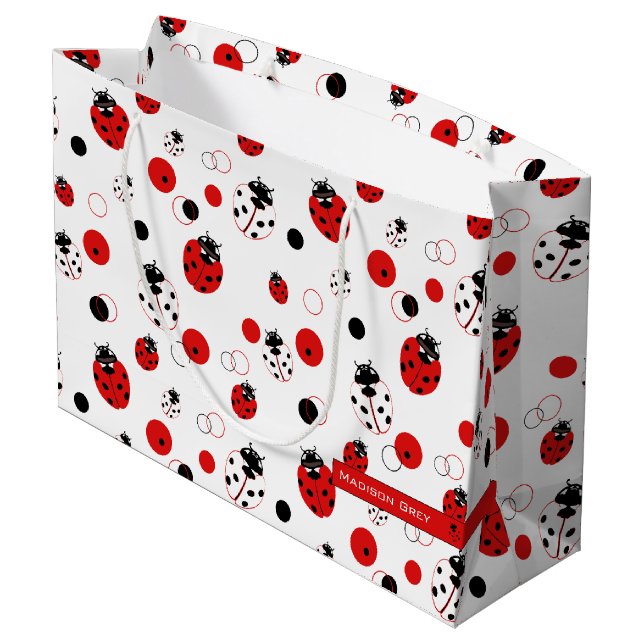 Simple Red, Black & White Ladybug Pattern Large Gift Bag (Back Angled)