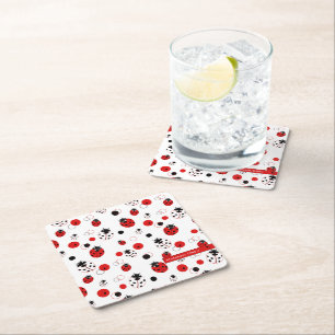 Simple Red, Black & White Ladybug Pattern Square Paper Coaster