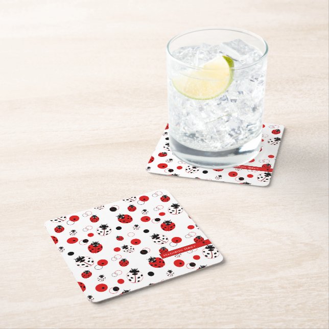 Simple Red, Black & White Ladybug Pattern Square Paper Coaster (Insitu)