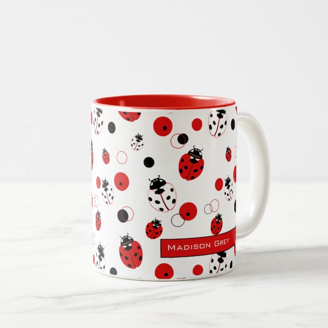 Simple Red, Black & White Ladybug Pattern Two-Tone Coffee Mug (Front Right)
