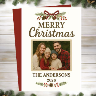 Simple Red Bow Greenery Photo Christmas Card