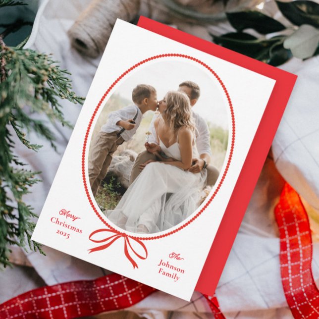 Simple Red Bow Oval Photo Christmas Holiday Card (Hand-drawn red bow classic oval frame photo Christmas holiday cards.)