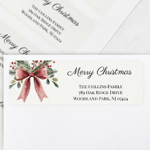 Simple Red Bow Watercolor Christmas Return Address