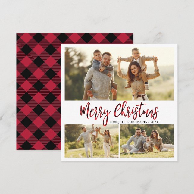 Simple Red Buffalo Plaid 3 Multi Photo Christmas Holiday Card (Front/Back)