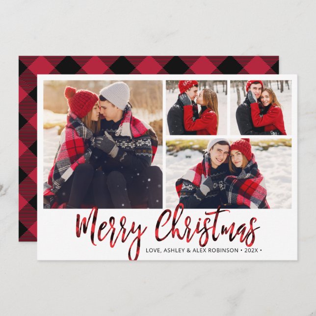 Simple Red Buffalo Plaid 4 Photo Collage  Holiday Card (Front/Back)