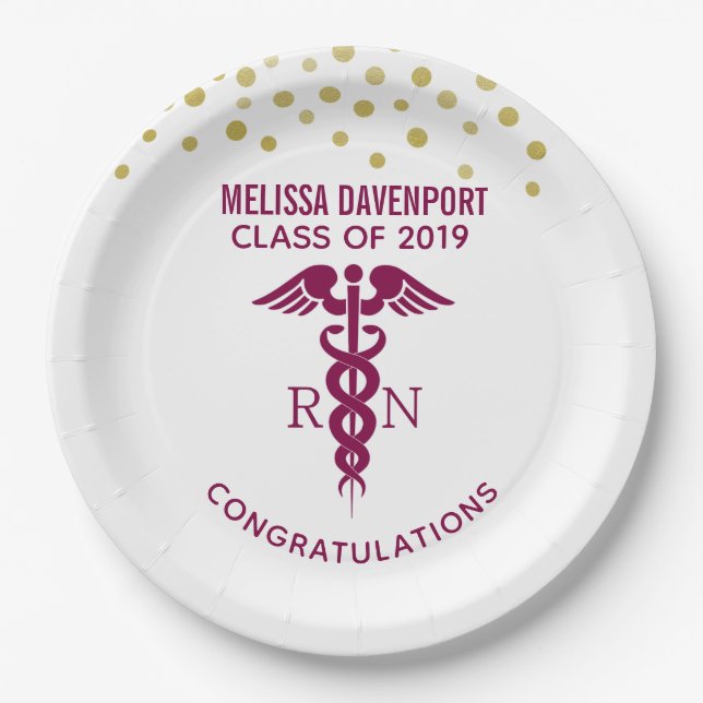 Simple Red Caduceus Nurse Graduate Congratulations Paper Plate (Front)