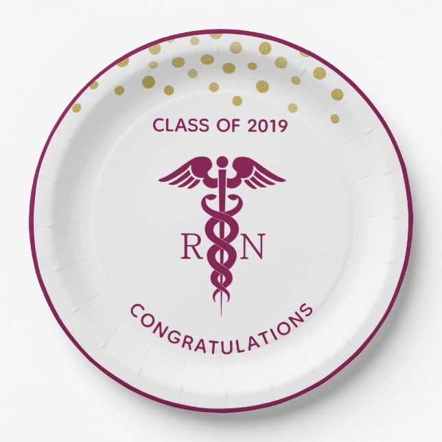 Simple Red Caduceus Nurse Medical Symbol Paper Plate (Front)