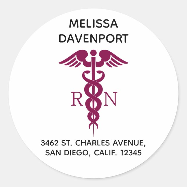 Simple Red Caduceus Registered Nurse Address Classic Round Sticker (Front)