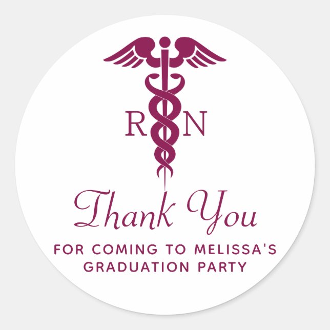Simple Red Caduceus RN Graduate Thank You Classic Round Sticker (Front)