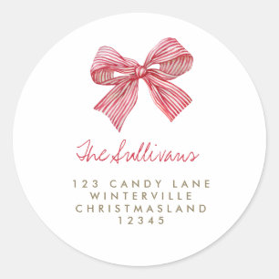 Simple Red Candy Stripe Bow Holiday Return Address Classic Round Sticker