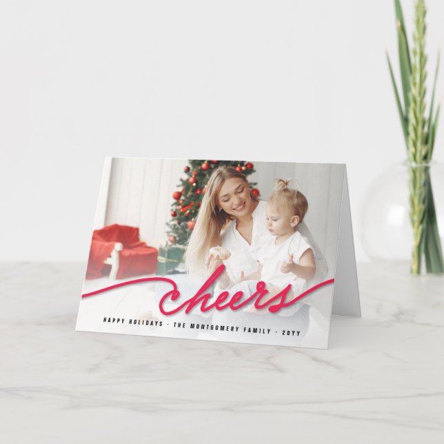Simple Red Cheers Calligraphy Script Modern Photo Holiday Card (Front)