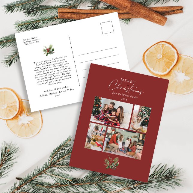 Simple Red Christmas Botanical Photo Collage Holiday Postcard (Creator Uploaded)