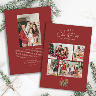Simple Red Christmas Photo Collage with Greenery Holiday Card