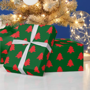 Simple Red Christmas Trees on Dark Green Wrapping Paper
