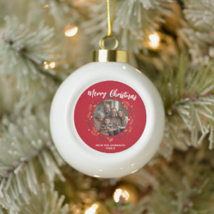 Simple red Christmas Wreath Photo Family name Ceramic Ball Christmas Ornament