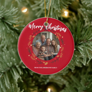 Simple red Christmas Wreath Photo Family name Ceramic Tree Decoration