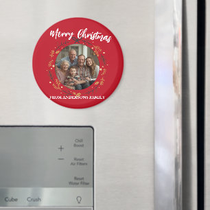 Simple red Christmas Wreath Photo Family name Magnet