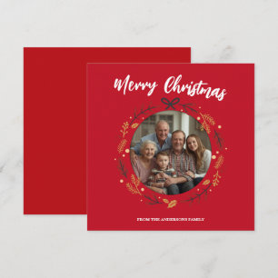Simple red Christmas Wreath Photo Family name Thank You Card