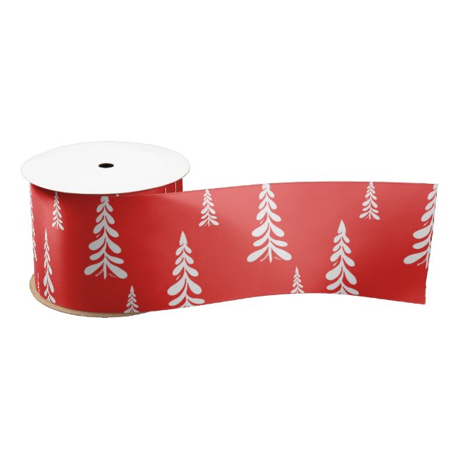 Simple Red christmas Xmas pine tree Snow Pattern Satin Ribbon (Spool)
