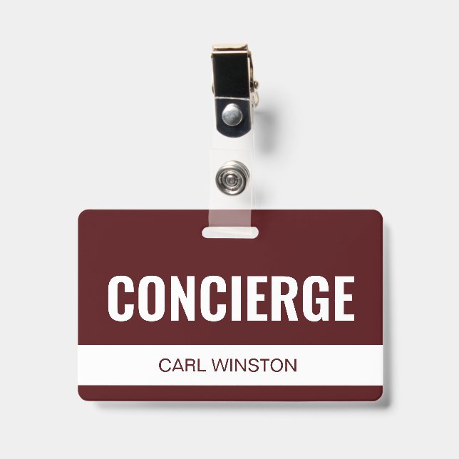 Simple Red Custom Hotel Concierge Employee ID Badge (Front with Clip)