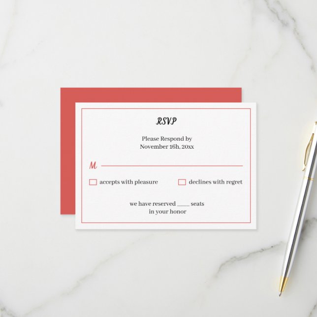 Simple Red Customised Wedding RSVP Card (Front/Back In Situ)
