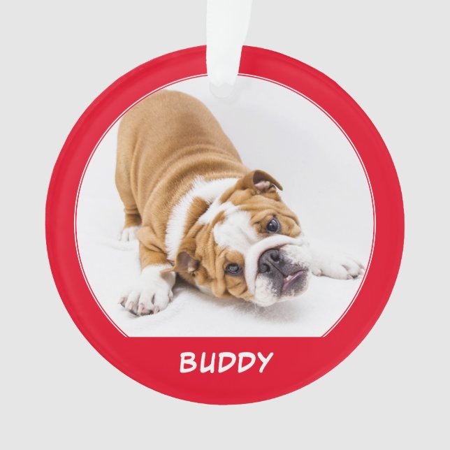 Simple Red Dog Pet Photo Name Holidays Keepsake Ornament (Front)