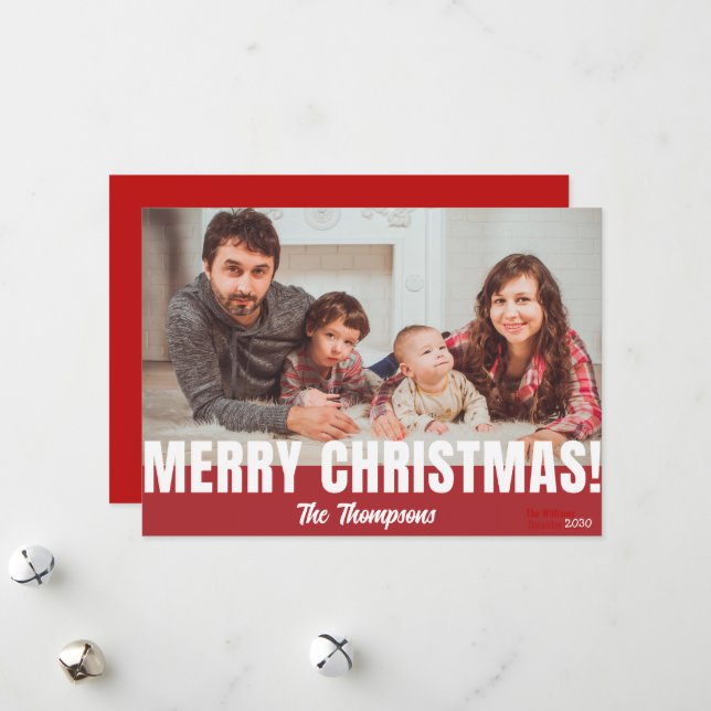 Simple Red Family Christmas Holiday Photo Card (Front/Back In Situ)
