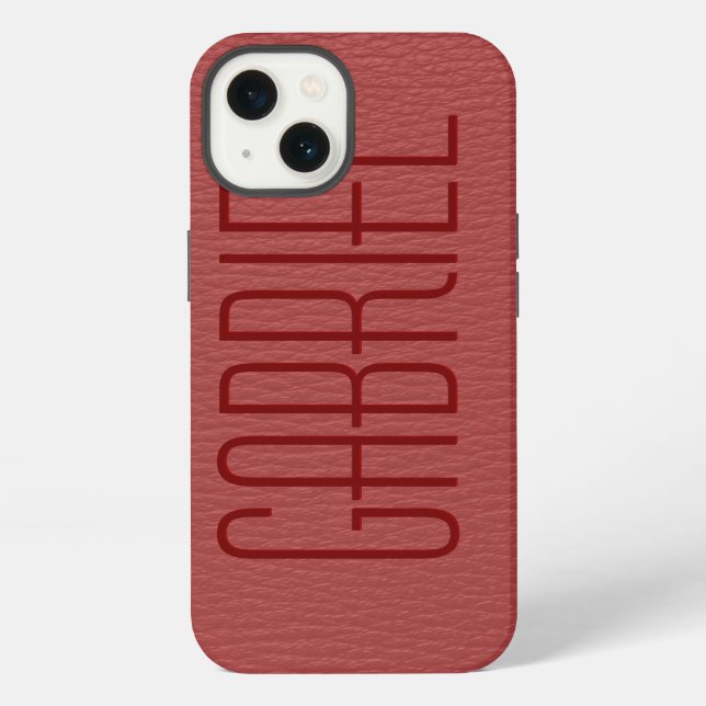 Simple Red Faux Leather Look Monogram iPhone Case (Back)