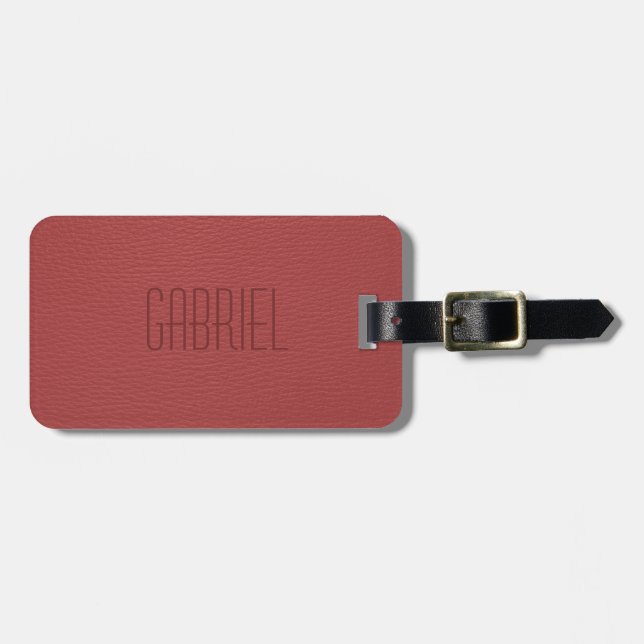 Simple Red Faux Leather Look Monogram Luggage Tag (Front Horizontal)