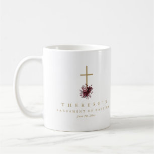 Simple Red Floral Cross Catholic Baptism Photo Coffee Mug