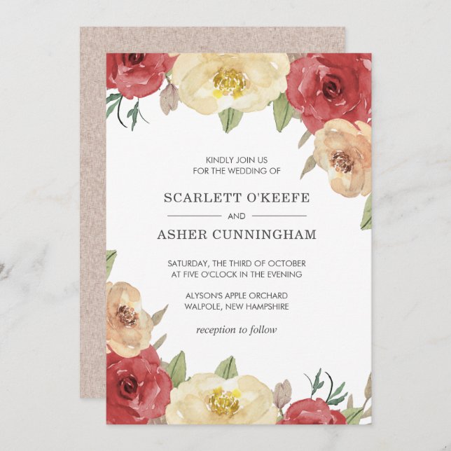 Simple Red Floral Elegant Wedding Invitation (Front/Back)